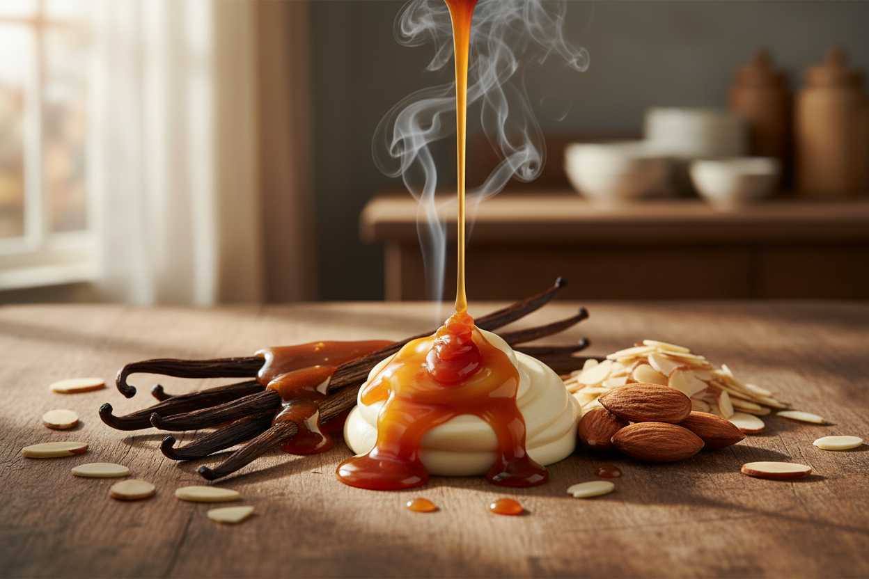 create a picture of caramel vanilla and almond to describe Nick's Bakery fragrance